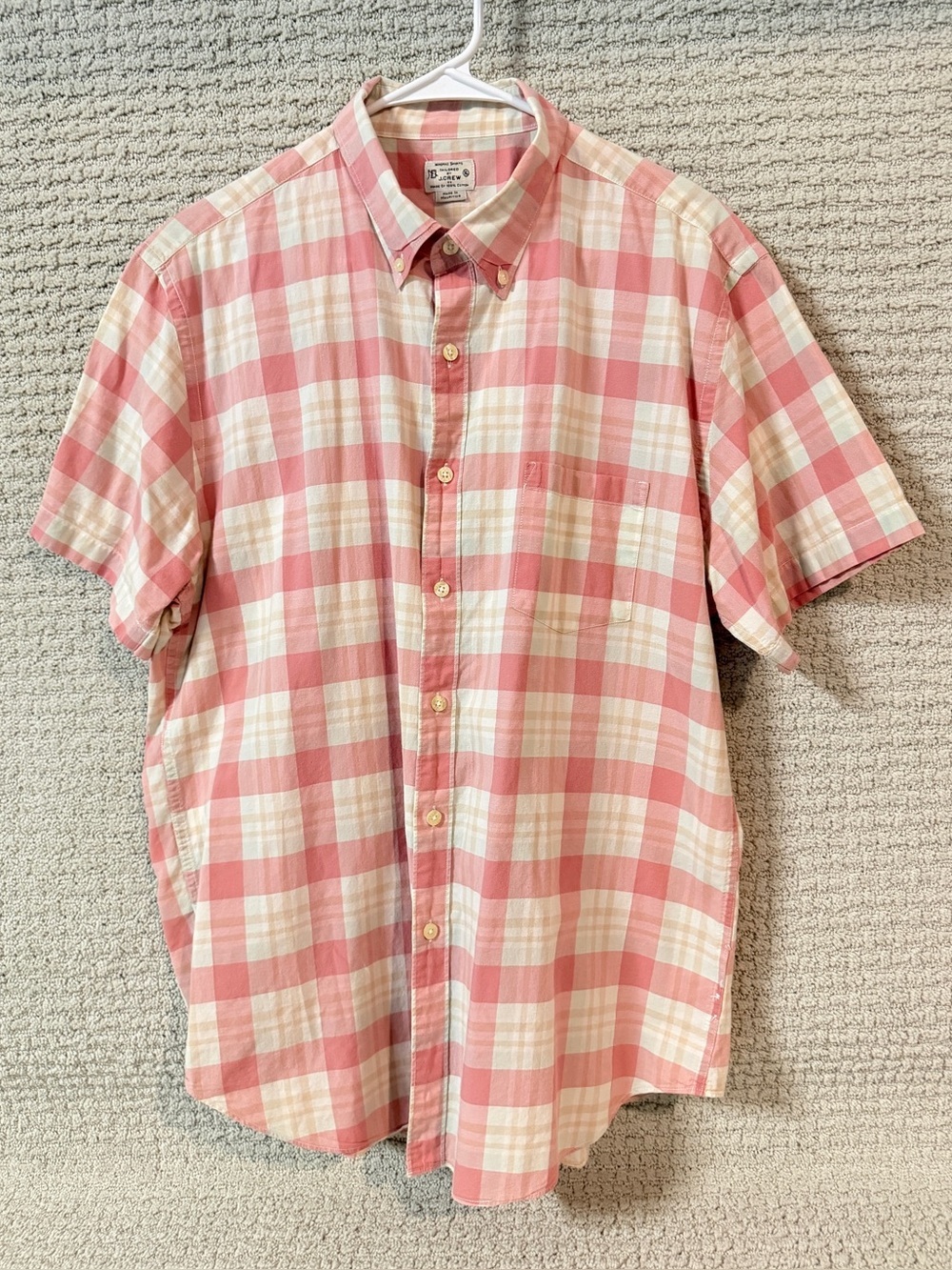 J. Crew Pink and Cream Plaid Short-Sleeve Button-Down shirt Sz XL